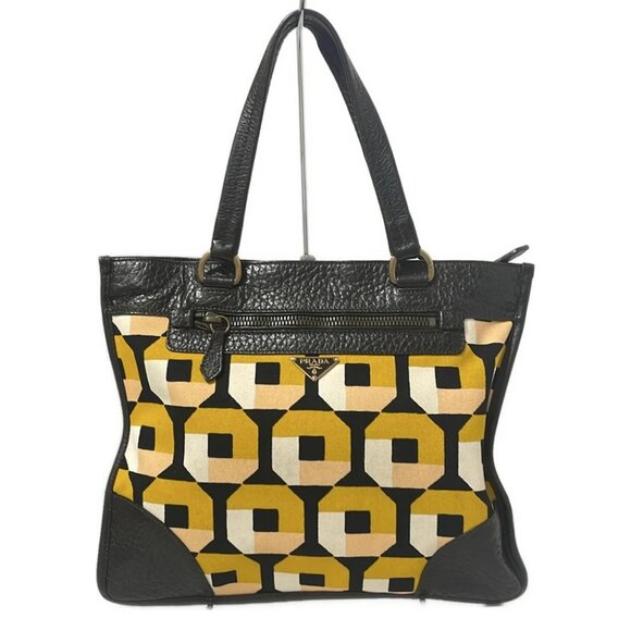 Auth PRADA - Black Dark Brown Multi Canvas Leather Handbag - Picture 1 of 8